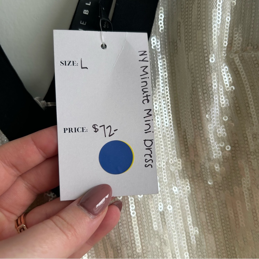 Blue Blush White Sequin Mini Dress with Black Trim - Picture 4 of 6